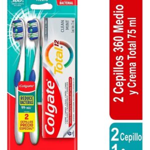 Cepillo de dientes Colgate 360 medio X 2 unds + crema dental Colgate total 12 Orig mint 75ML